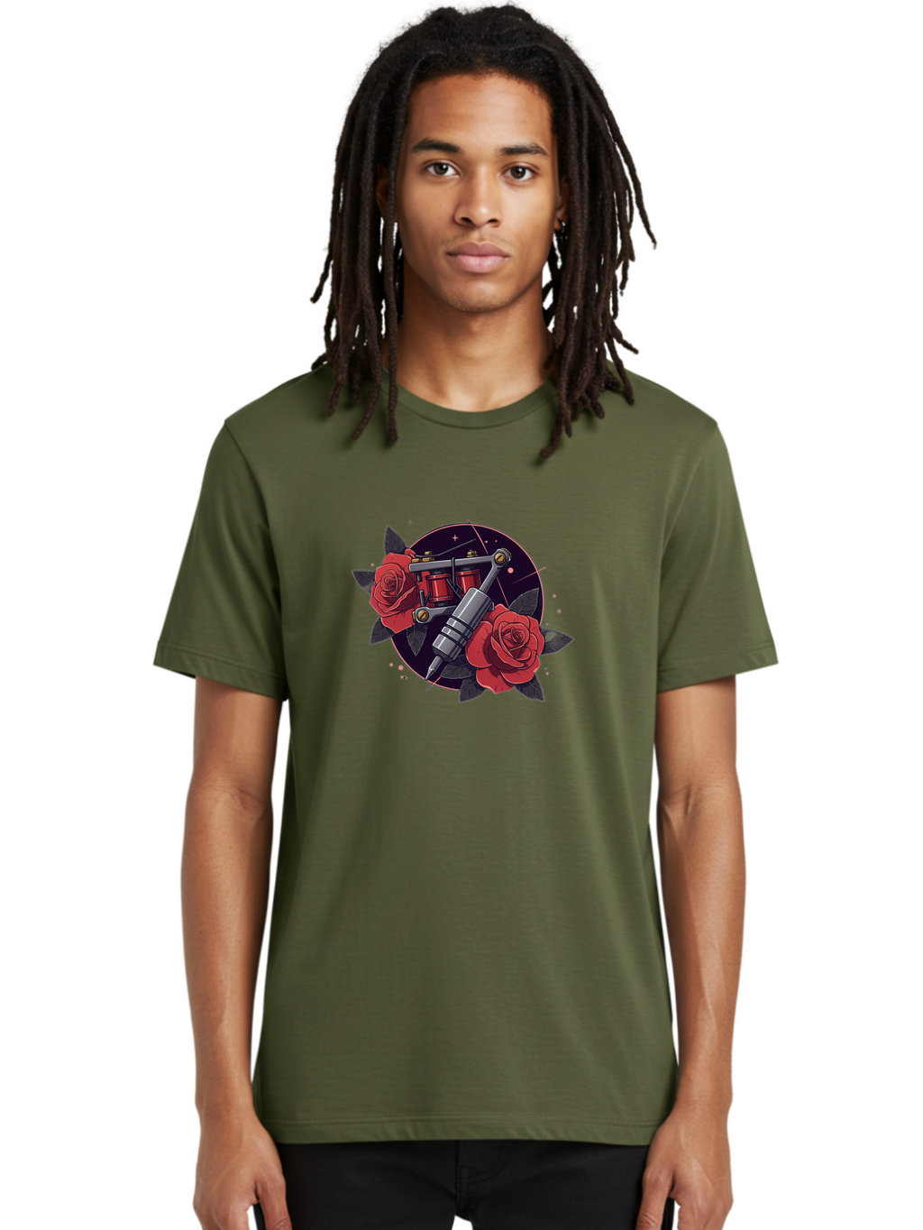 Tattoo-Machine-And-Roses Men'S Graphic Tee, 100% Cotton, Comfortable Casual Summer Wear, Machine Washable, Tattoo Machine, Red Roses, Floral Design, Tattoo Art, Vintage Tattoo, Tattoo Equipment, Ink Art, Rose Tattoo Bad806