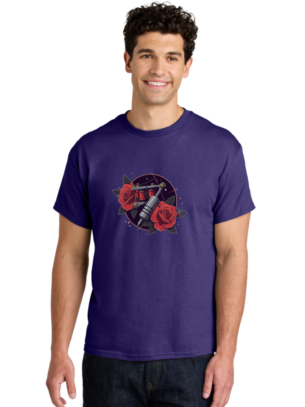 Tattoo-Machine-And-Roses Men'S Graphic Tee, 100% Cotton, Comfortable Casual Summer Wear, Machine Washable, Tattoo Machine, Red Roses, Floral Design, Tattoo Art, Vintage Tattoo, Tattoo Equipment, Ink Art, Rose Tattoo Bad806