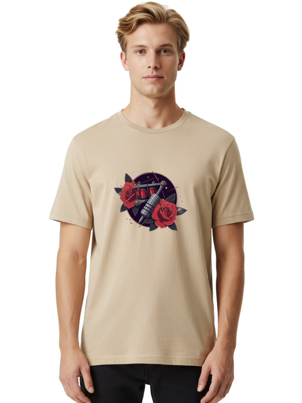 Tattoo-Machine-And-Roses Men'S Graphic Tee, 100% Cotton, Comfortable Casual Summer Wear, Machine Washable, Tattoo Machine, Red Roses, Floral Design, Tattoo Art, Vintage Tattoo, Tattoo Equipment, Ink Art, Rose Tattoo Bad806