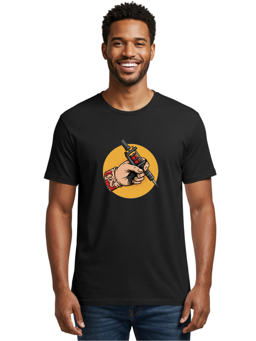 Tattoo-Machine-Hand Men'S Graphic Tee, 100% Cotton, Comfortable Casual Summer Wear, Machine Washable, Tattoo Machine, Tattooed Hand, Tattoo Art, Body Art, Inked Art, Tattoo Artist, Tattoo Culture, Artistry, Creativity Bad807