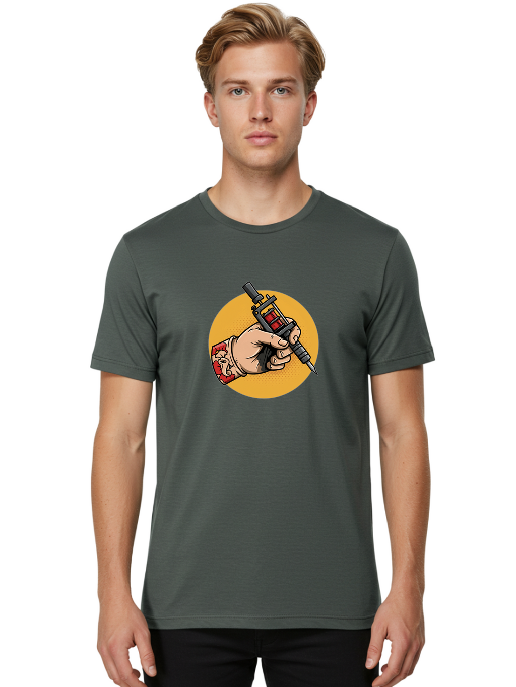 Tattoo-Machine-Hand Men'S Graphic Tee, 100% Cotton, Comfortable Casual Summer Wear, Machine Washable, Tattoo Machine, Tattooed Hand, Tattoo Art, Body Art, Inked Art, Tattoo Artist, Tattoo Culture, Artistry, Creativity Bad807
