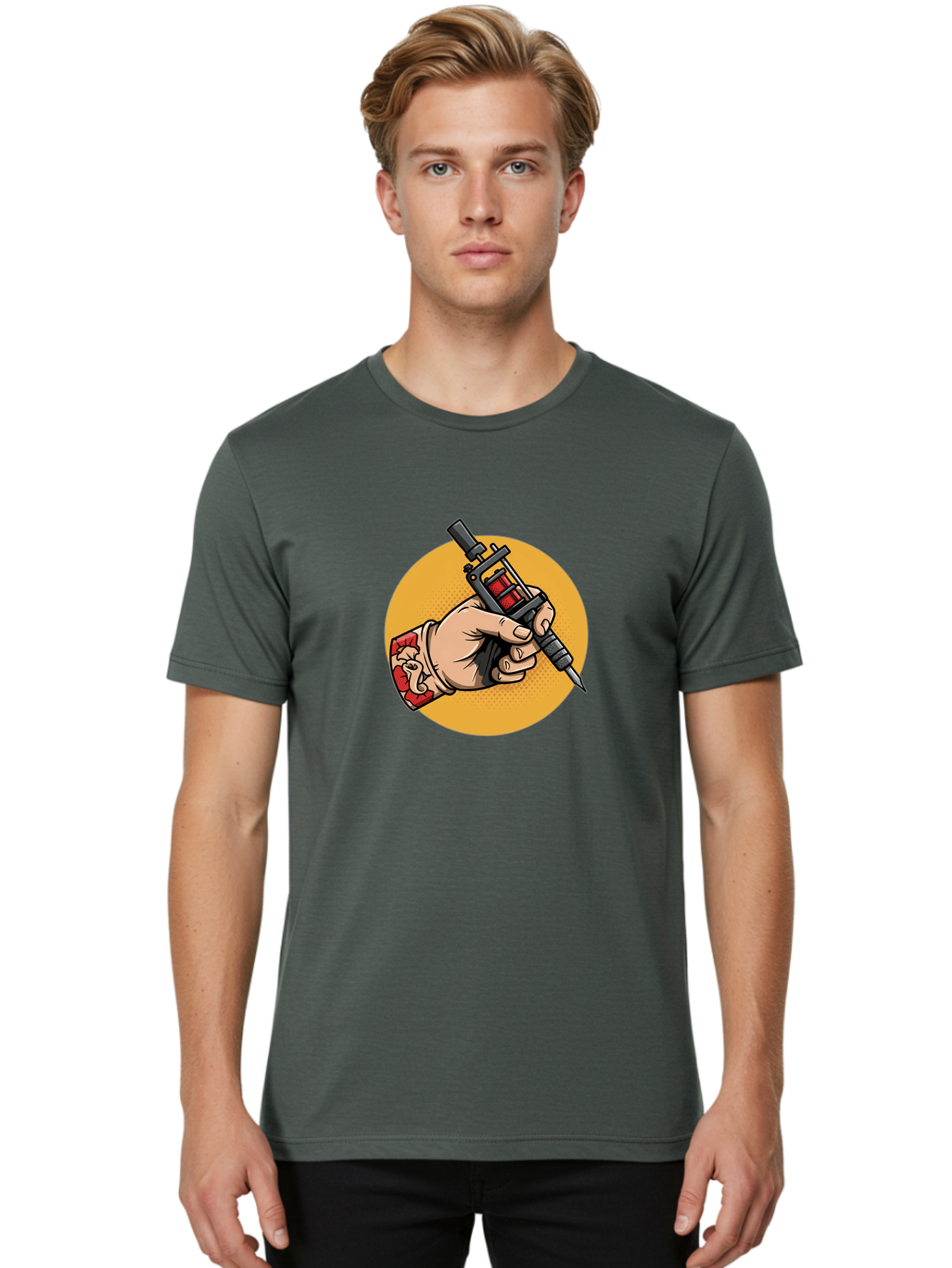 Tattoo-Machine-Hand Men'S Graphic Tee, 100% Cotton, Comfortable Casual Summer Wear, Machine Washable, Tattoo Machine, Tattooed Hand, Tattoo Art, Body Art, Inked Art, Tattoo Artist, Tattoo Culture, Artistry, Creativity Bad807