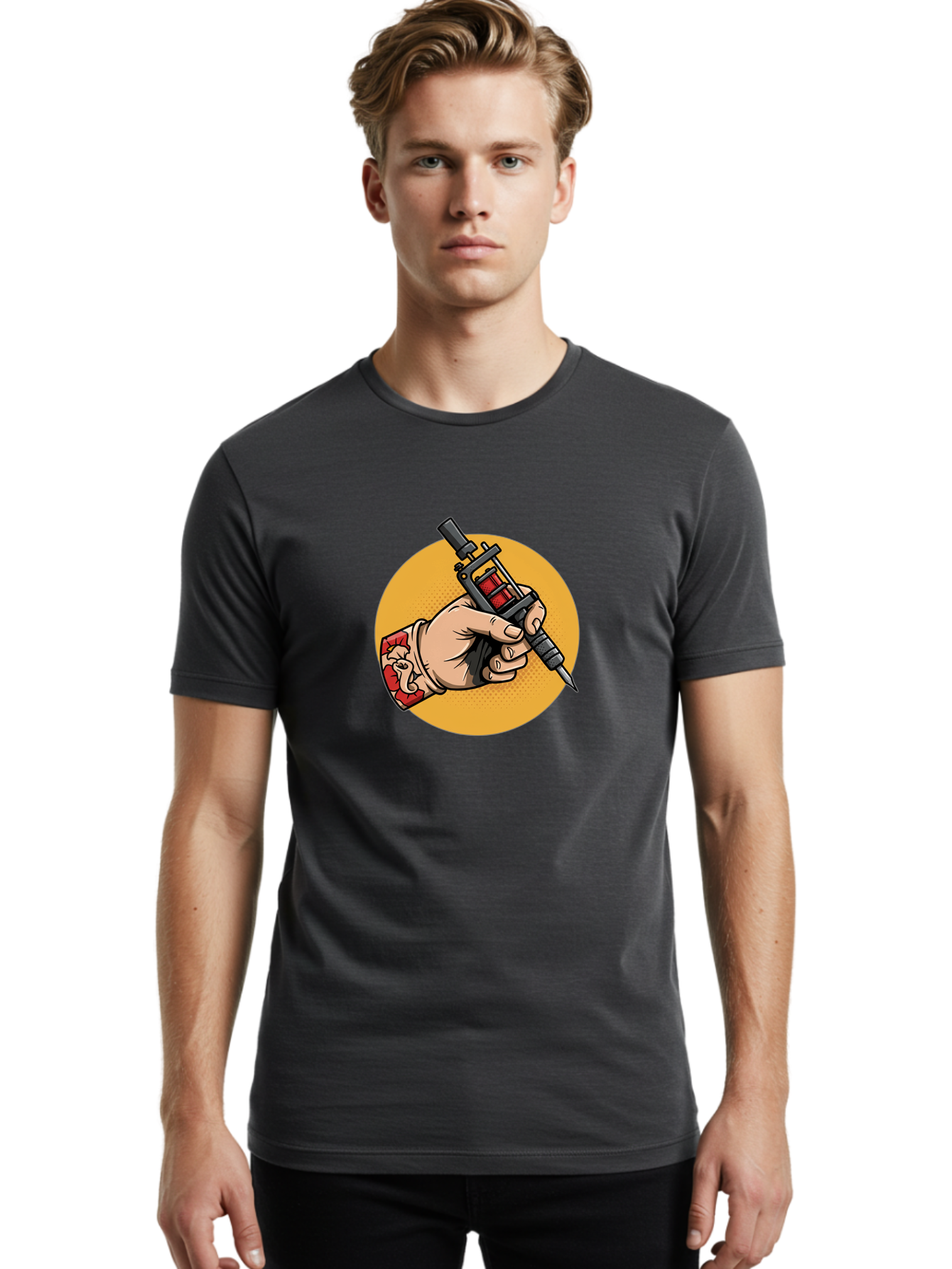 Tattoo-Machine-Hand Men'S Graphic Tee, 100% Cotton, Comfortable Casual Summer Wear, Machine Washable, Tattoo Machine, Tattooed Hand, Tattoo Art, Body Art, Inked Art, Tattoo Artist, Tattoo Culture, Artistry, Creativity Bad807