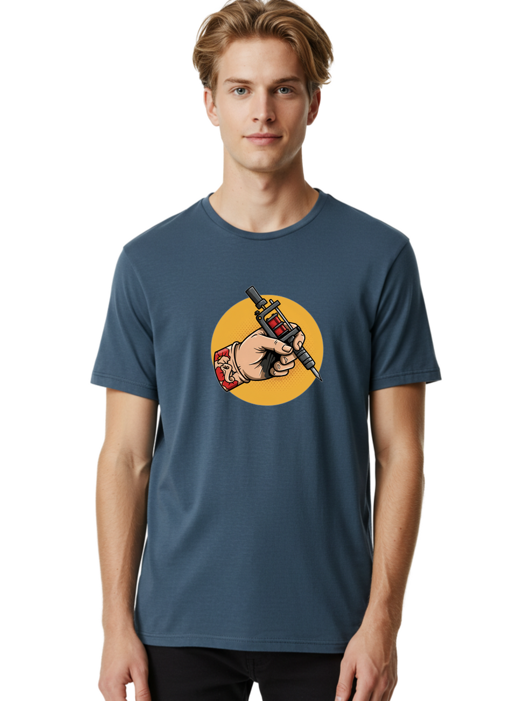 Tattoo-Machine-Hand Men'S Graphic Tee, 100% Cotton, Comfortable Casual Summer Wear, Machine Washable, Tattoo Machine, Tattooed Hand, Tattoo Art, Body Art, Inked Art, Tattoo Artist, Tattoo Culture, Artistry, Creativity Bad807