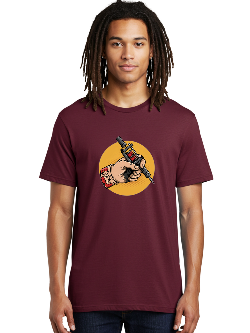 Tattoo-Machine-Hand Men'S Graphic Tee, 100% Cotton, Comfortable Casual Summer Wear, Machine Washable, Tattoo Machine, Tattooed Hand, Tattoo Art, Body Art, Inked Art, Tattoo Artist, Tattoo Culture, Artistry, Creativity Bad807