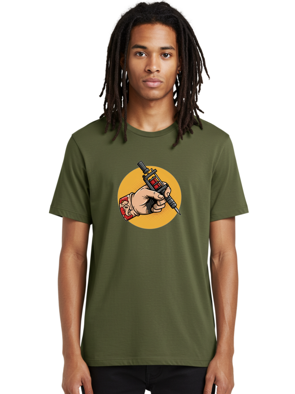 Tattoo-Machine-Hand Men'S Graphic Tee, 100% Cotton, Comfortable Casual Summer Wear, Machine Washable, Tattoo Machine, Tattooed Hand, Tattoo Art, Body Art, Inked Art, Tattoo Artist, Tattoo Culture, Artistry, Creativity Bad807