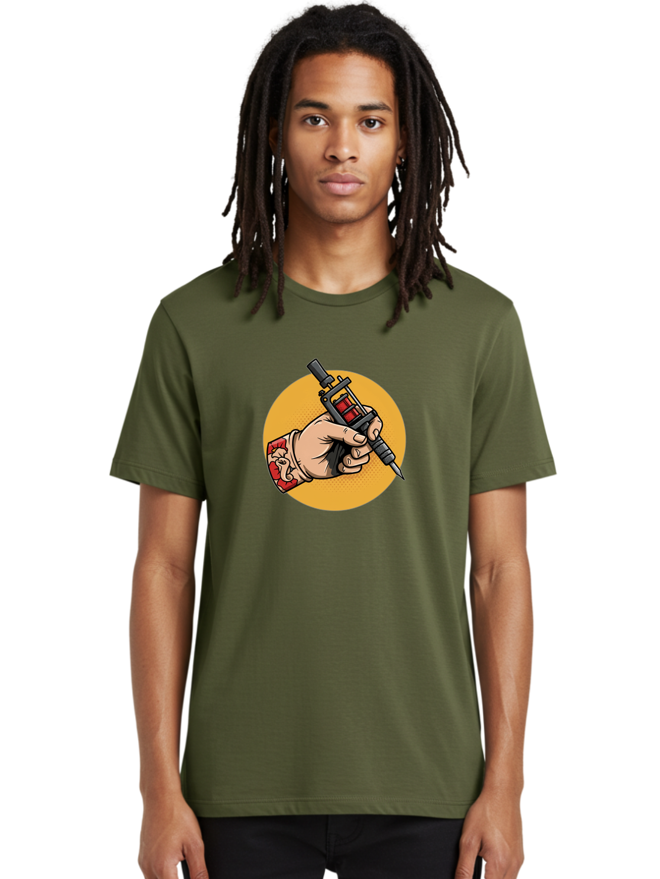 Tattoo-Machine-Hand Men'S Graphic Tee, 100% Cotton, Comfortable Casual Summer Wear, Machine Washable, Tattoo Machine, Tattooed Hand, Tattoo Art, Body Art, Inked Art, Tattoo Artist, Tattoo Culture, Artistry, Creativity Bad807