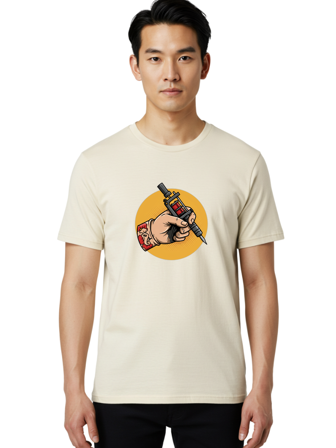 Tattoo-Machine-Hand Men'S Graphic Tee, 100% Cotton, Comfortable Casual Summer Wear, Machine Washable, Tattoo Machine, Tattooed Hand, Tattoo Art, Body Art, Inked Art, Tattoo Artist, Tattoo Culture, Artistry, Creativity Bad807