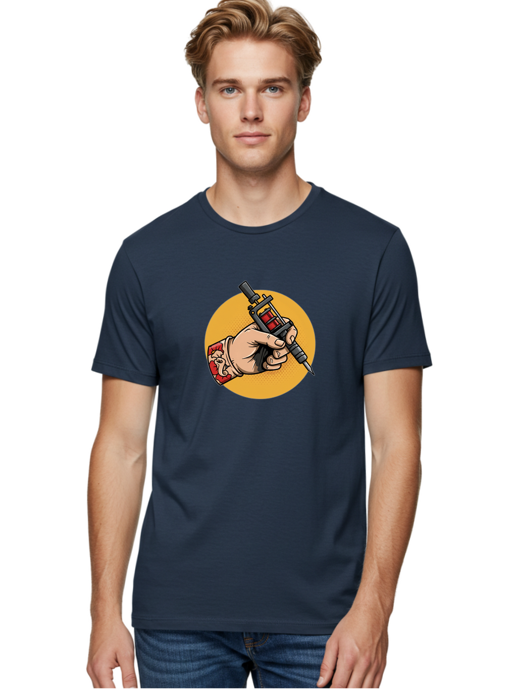 Tattoo-Machine-Hand Men'S Graphic Tee, 100% Cotton, Comfortable Casual Summer Wear, Machine Washable, Tattoo Machine, Tattooed Hand, Tattoo Art, Body Art, Inked Art, Tattoo Artist, Tattoo Culture, Artistry, Creativity Bad807