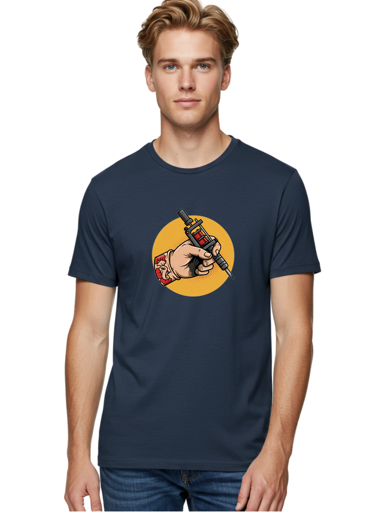 Tattoo-Machine-Hand Men'S Graphic Tee, 100% Cotton, Comfortable Casual Summer Wear, Machine Washable, Tattoo Machine, Tattooed Hand, Tattoo Art, Body Art, Inked Art, Tattoo Artist, Tattoo Culture, Artistry, Creativity Bad807