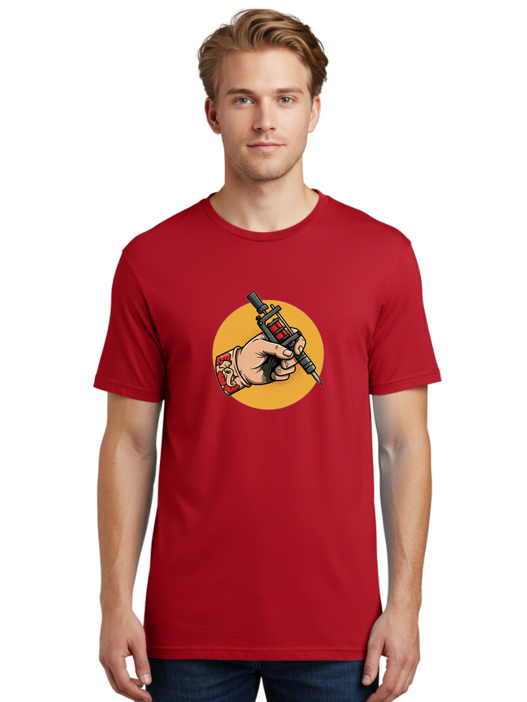 Tattoo-Machine-Hand Men'S Graphic Tee, 100% Cotton, Comfortable Casual Summer Wear, Machine Washable, Tattoo Machine, Tattooed Hand, Tattoo Art, Body Art, Inked Art, Tattoo Artist, Tattoo Culture, Artistry, Creativity Bad807