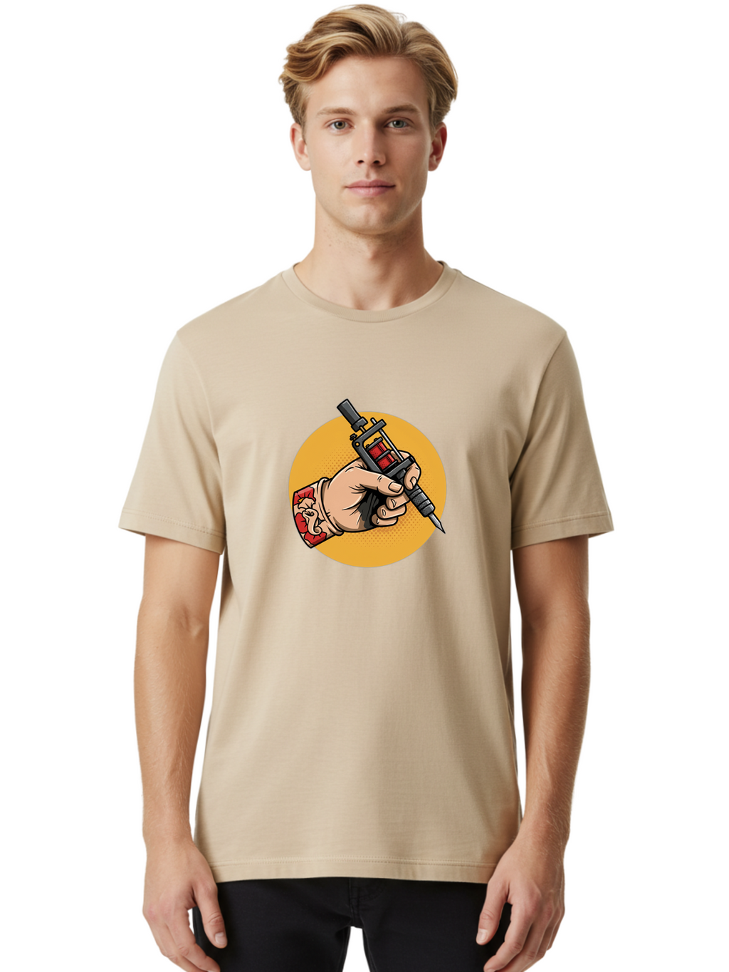 Tattoo-Machine-Hand Men'S Graphic Tee, 100% Cotton, Comfortable Casual Summer Wear, Machine Washable, Tattoo Machine, Tattooed Hand, Tattoo Art, Body Art, Inked Art, Tattoo Artist, Tattoo Culture, Artistry, Creativity Bad807