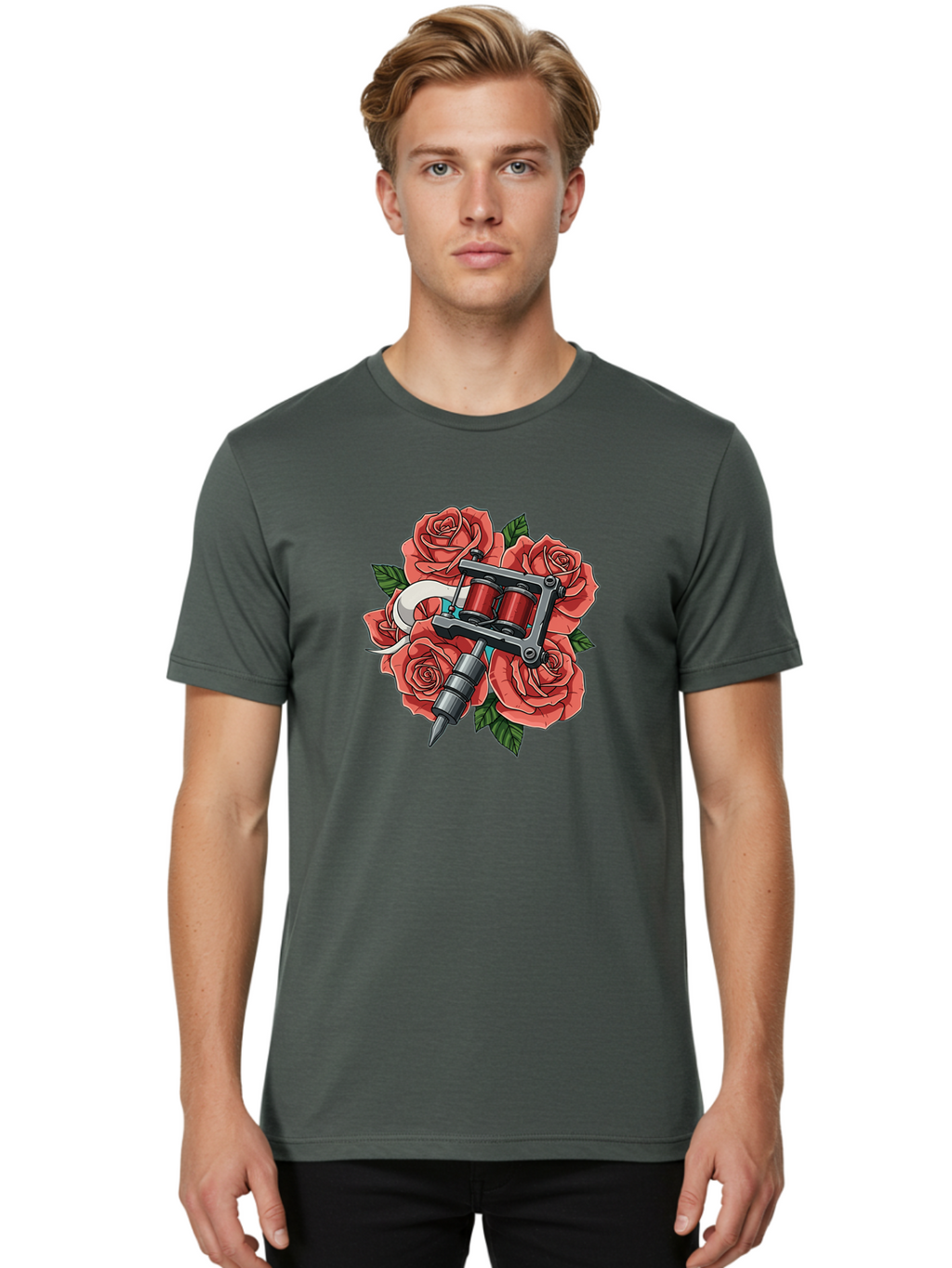 Tattoo-Machine-Roses-1 Men'S Graphic Tee, 100% Cotton, Comfortable Casual Summer Wear, Machine Washable, Tattoo Machine, Red Roses, Floral Design, Tattoo Art, Ink Art, Body Art, Tattoo Culture, Rose Bouquet, Vintage Tattoo Style Bad808