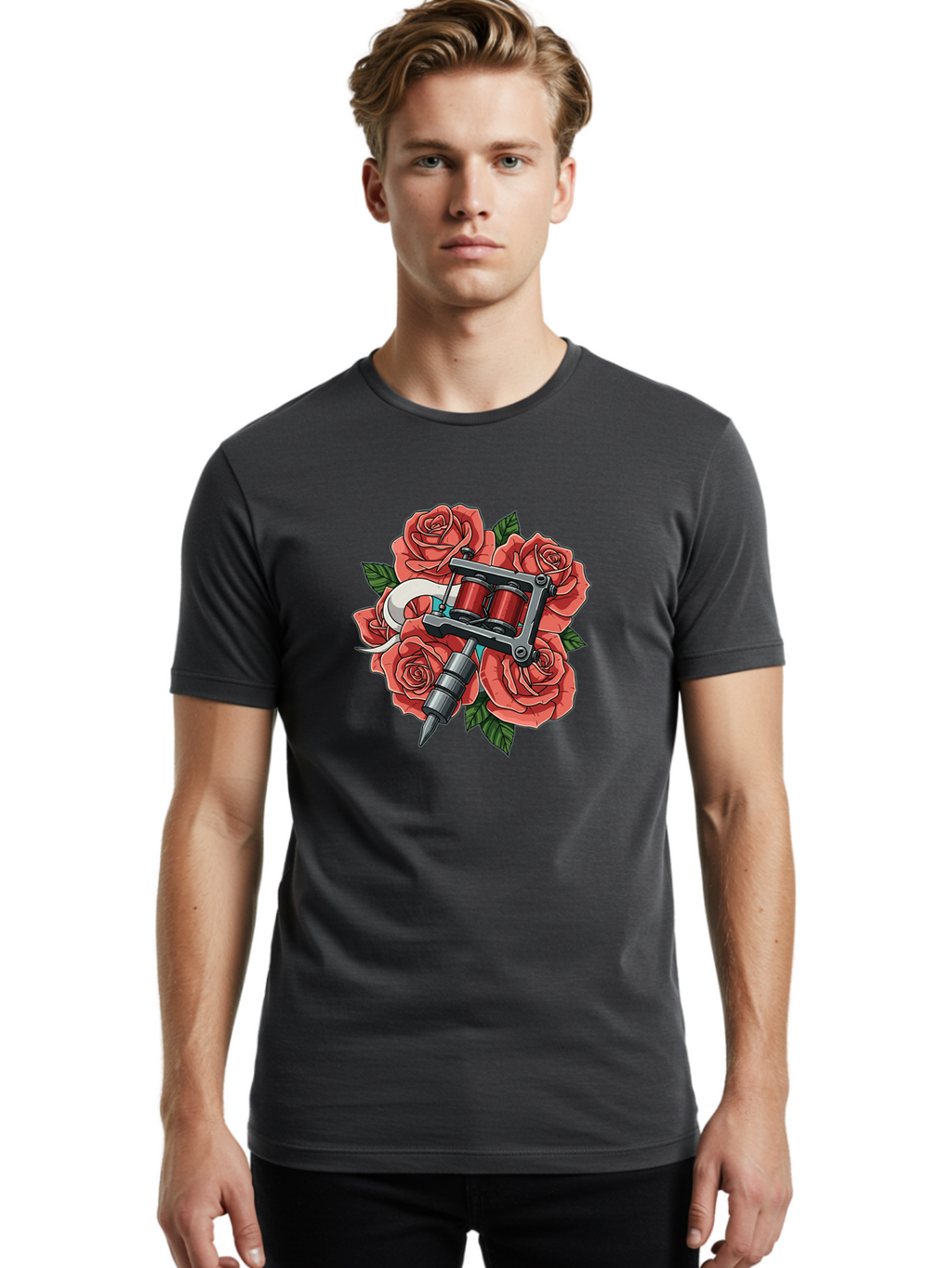 Tattoo-Machine-Roses-1 Men'S Graphic Tee, 100% Cotton, Comfortable Casual Summer Wear, Machine Washable, Tattoo Machine, Red Roses, Floral Design, Tattoo Art, Ink Art, Body Art, Tattoo Culture, Rose Bouquet, Vintage Tattoo Style Bad808