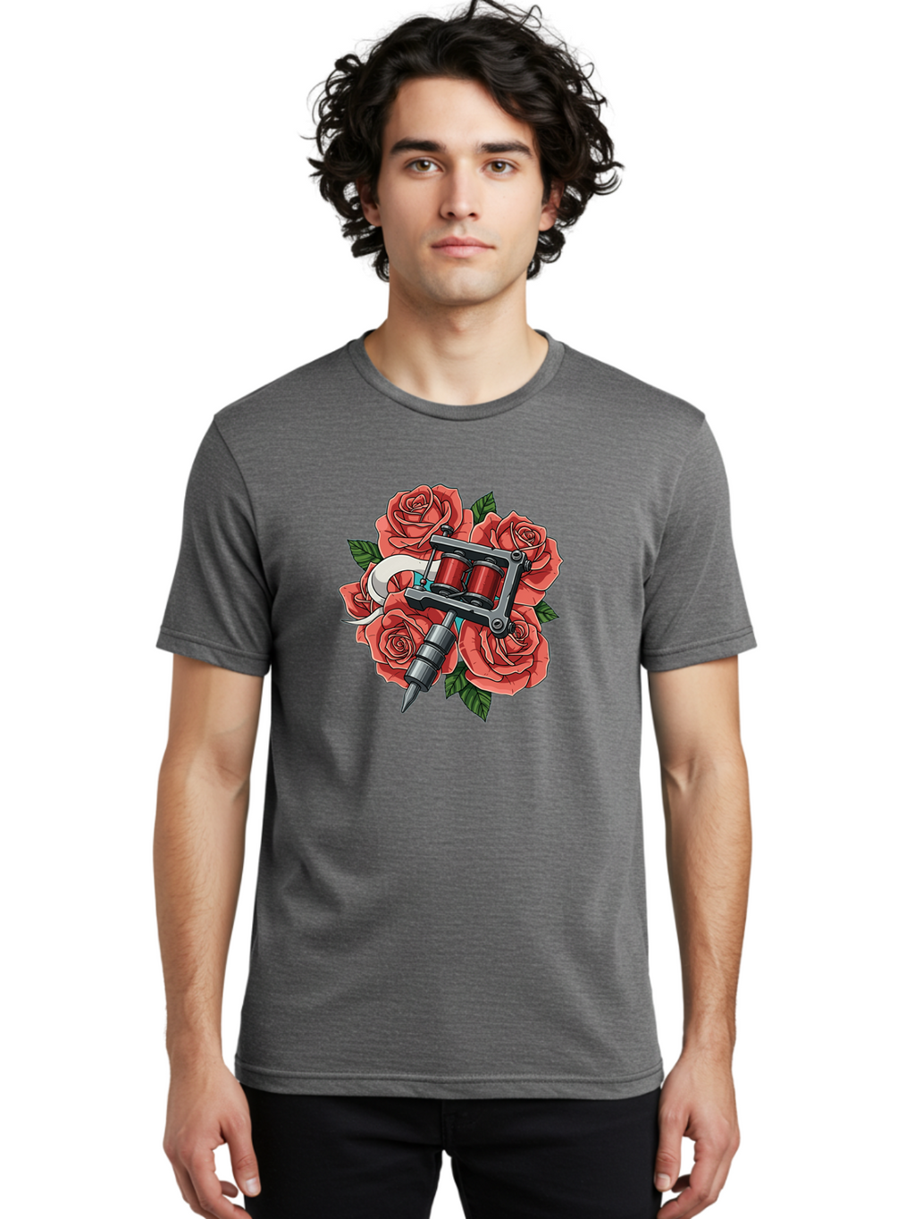 Tattoo-Machine-Roses-1 Men'S Graphic Tee, 100% Cotton, Comfortable Casual Summer Wear, Machine Washable, Tattoo Machine, Red Roses, Floral Design, Tattoo Art, Ink Art, Body Art, Tattoo Culture, Rose Bouquet, Vintage Tattoo Style Bad808