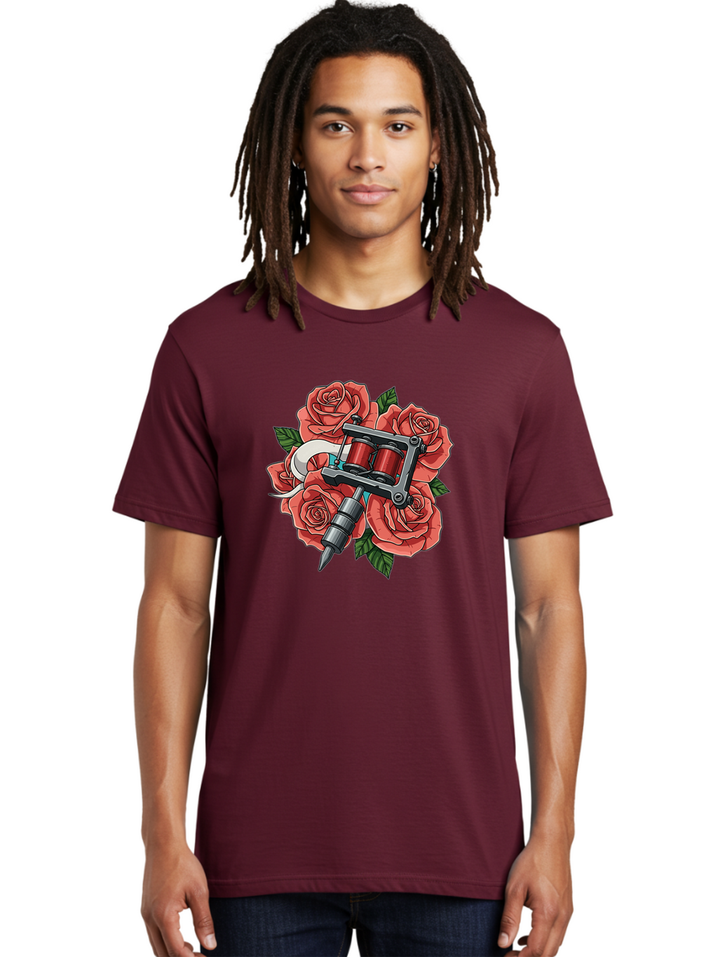 Tattoo-Machine-Roses-1 Men'S Graphic Tee, 100% Cotton, Comfortable Casual Summer Wear, Machine Washable, Tattoo Machine, Red Roses, Floral Design, Tattoo Art, Ink Art, Body Art, Tattoo Culture, Rose Bouquet, Vintage Tattoo Style Bad808