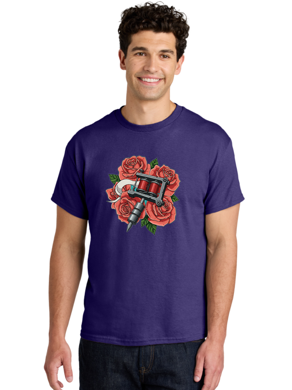 Tattoo-Machine-Roses-1 Men'S Graphic Tee, 100% Cotton, Comfortable Casual Summer Wear, Machine Washable, Tattoo Machine, Red Roses, Floral Design, Tattoo Art, Ink Art, Body Art, Tattoo Culture, Rose Bouquet, Vintage Tattoo Style Bad808