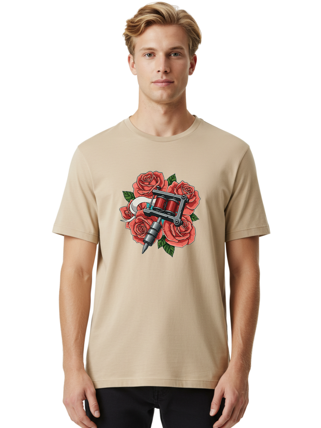 Tattoo-Machine-Roses-1 Men'S Graphic Tee, 100% Cotton, Comfortable Casual Summer Wear, Machine Washable, Tattoo Machine, Red Roses, Floral Design, Tattoo Art, Ink Art, Body Art, Tattoo Culture, Rose Bouquet, Vintage Tattoo Style Bad808