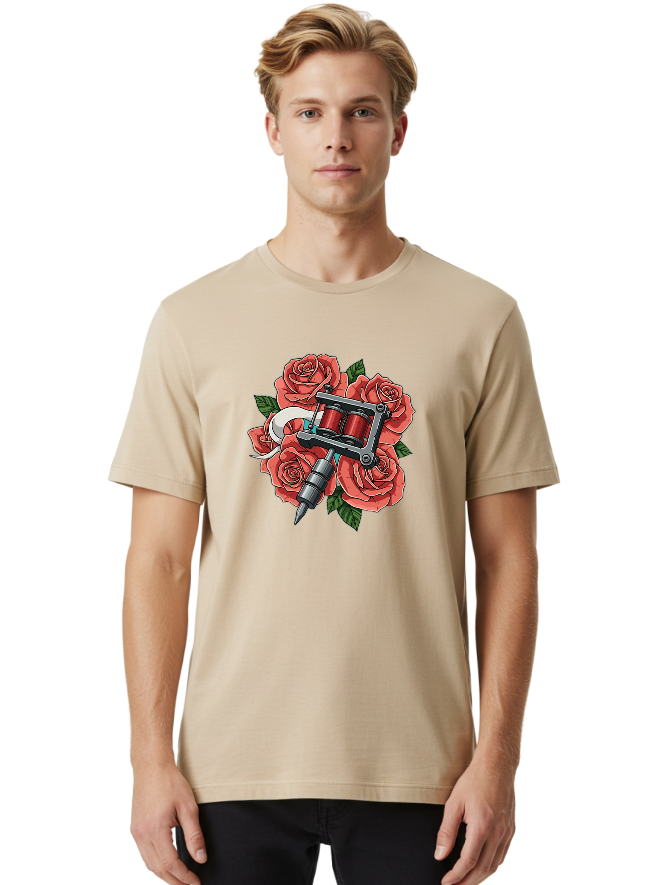 Tattoo-Machine-Roses-1 Men'S Graphic Tee, 100% Cotton, Comfortable Casual Summer Wear, Machine Washable, Tattoo Machine, Red Roses, Floral Design, Tattoo Art, Ink Art, Body Art, Tattoo Culture, Rose Bouquet, Vintage Tattoo Style Bad808