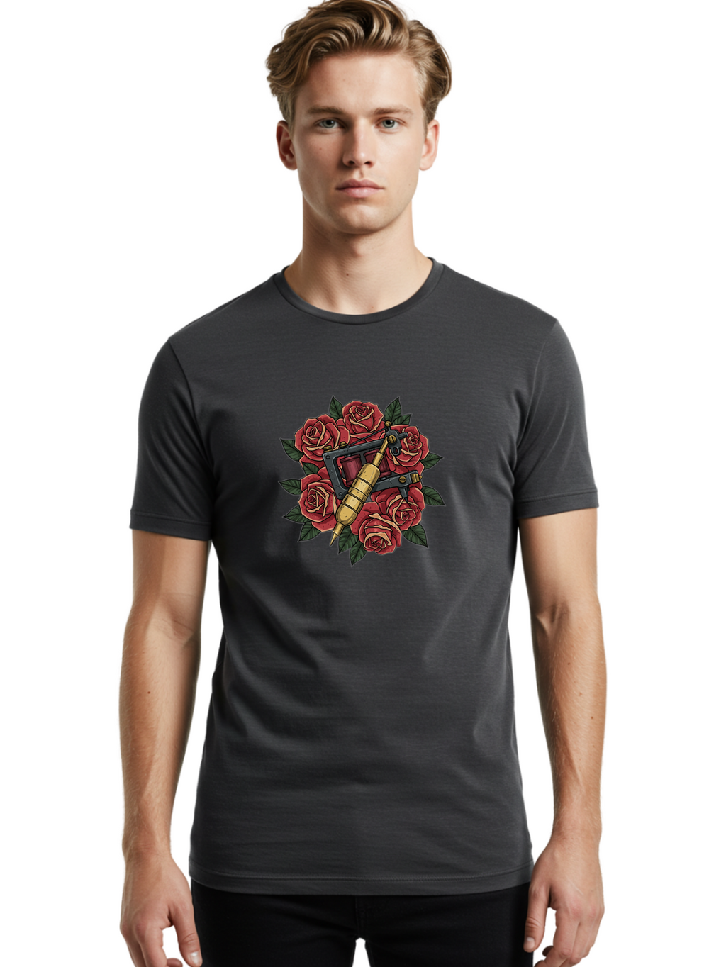 Tattoo-Machine-Roses Men'S Graphic Tee, 100% Cotton, Comfortable Casual Summer Wear, Machine Washable, Tattoo Machine, Red Roses, Floral Design, Traditional Tattoo Art, Vintage Tattoo Style, Tattoo Equipment, Ink Art, Rose Bouquet Bad809