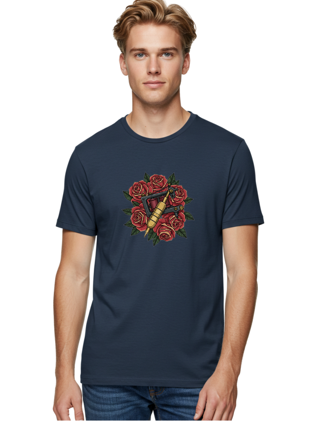 Tattoo-Machine-Roses Men'S Graphic Tee, 100% Cotton, Comfortable Casual Summer Wear, Machine Washable, Tattoo Machine, Red Roses, Floral Design, Traditional Tattoo Art, Vintage Tattoo Style, Tattoo Equipment, Ink Art, Rose Bouquet Bad809