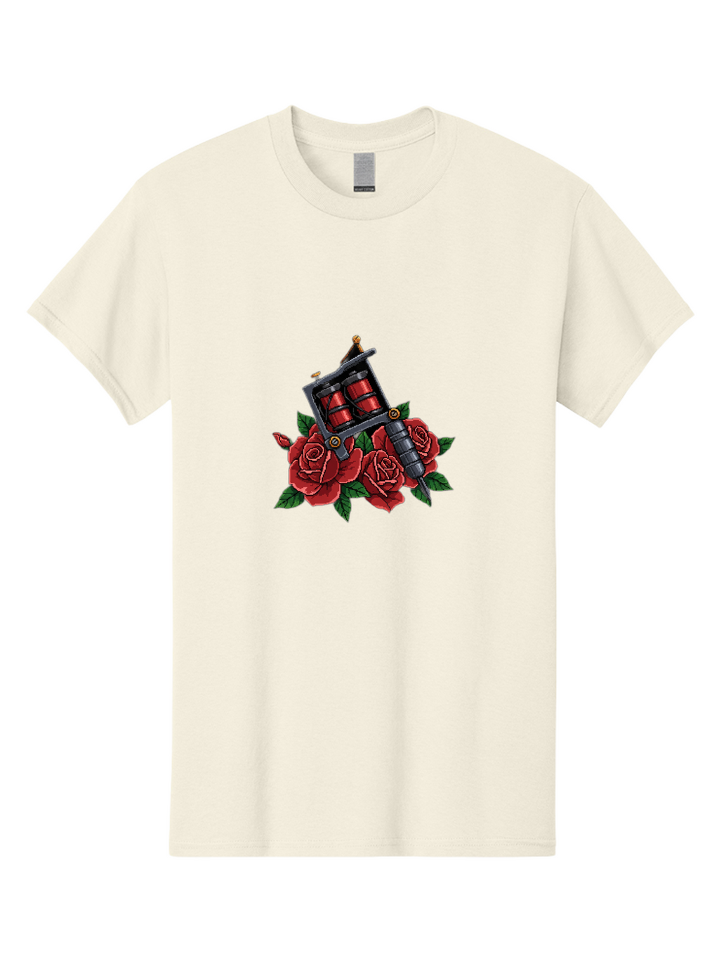 Tattoo-Machine-With-Roses Men'S Graphic Tee, 100% Cotton, Comfortable Casual Summer Wear, Machine Washable, Tattoo Machine Illustration, Red Roses, Tattoo Art, Body Art, Inked Design, Roses And Tattoo Equipment, Traditional Tattoo Style Bad811