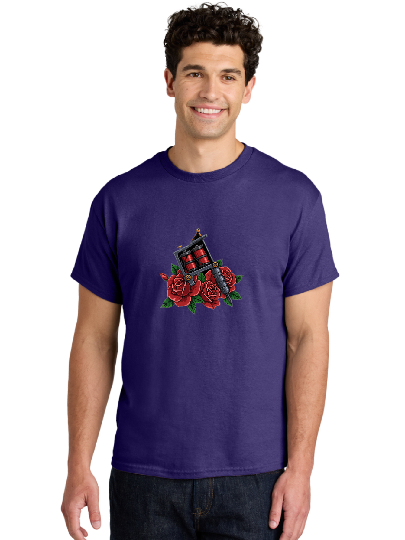 Tattoo-Machine-With-Roses Men'S Graphic Tee, 100% Cotton, Comfortable Casual Summer Wear, Machine Washable, Tattoo Machine Illustration, Red Roses, Tattoo Art, Body Art, Inked Design, Roses And Tattoo Equipment, Traditional Tattoo Style Bad811
