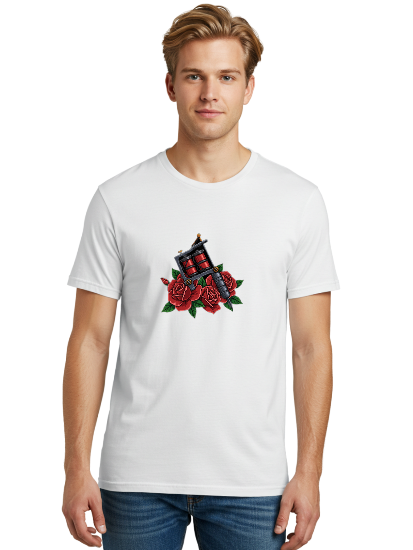 Tattoo-Machine-With-Roses Men'S Graphic Tee, 100% Cotton, Comfortable Casual Summer Wear, Machine Washable, Tattoo Machine Illustration, Red Roses, Tattoo Art, Body Art, Inked Design, Roses And Tattoo Equipment, Traditional Tattoo Style Bad811