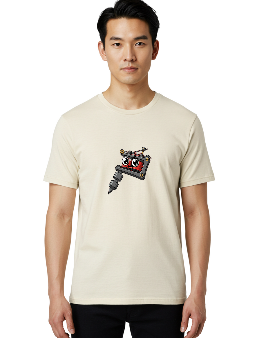Tattoo-Machine Men'S Graphic Tee, 100% Cotton, Comfortable Casual Summer Wear, Machine Washable, Cartoon Tattoo Machine, Anthropomorphic Design, Kawaii Style, Tattoo Equipment, Mechanical Art, Body Art, Tattoo Culture, Ink Art, Bad812