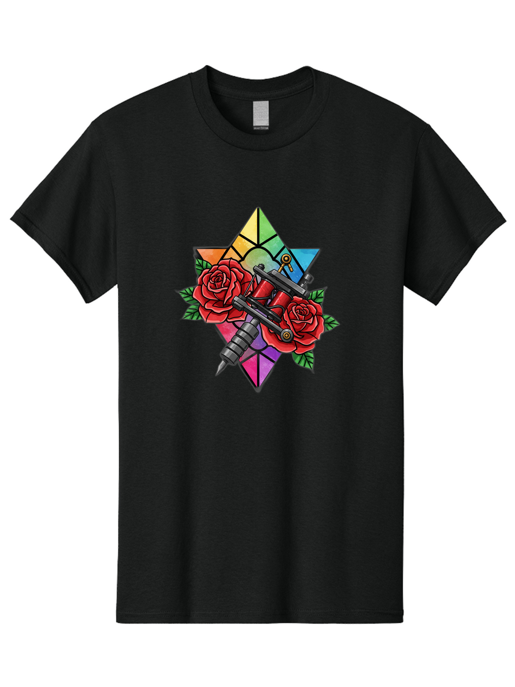 Tattoo-Machines-With-Roses Men'S Graphic Tee, 100% Cotton, Comfortable Casual Summer Wear, Machine Washable, Tattoo Machine, Red Roses, Floral Design, Stained Glass Star, Tattoo Art, Body Art, Tattoo Culture, Vibrant Colors, Tattoo Inspiration Bad813