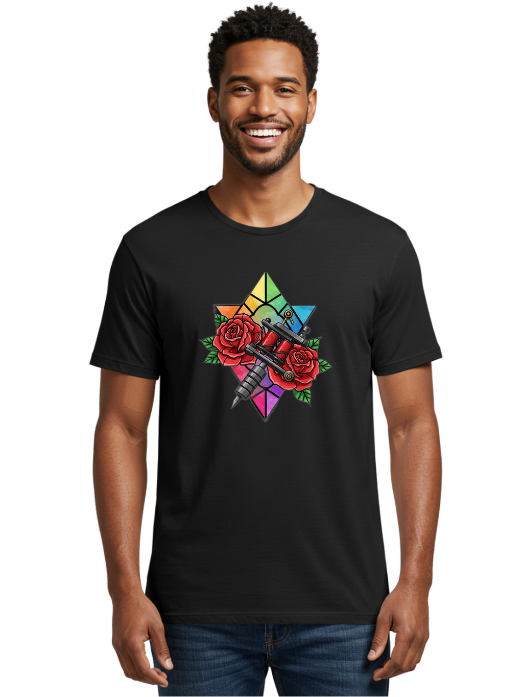 Tattoo-Machines-With-Roses Men'S Graphic Tee, 100% Cotton, Comfortable Casual Summer Wear, Machine Washable, Tattoo Machine, Red Roses, Floral Design, Stained Glass Star, Tattoo Art, Body Art, Tattoo Culture, Vibrant Colors, Tattoo Inspiration Bad813
