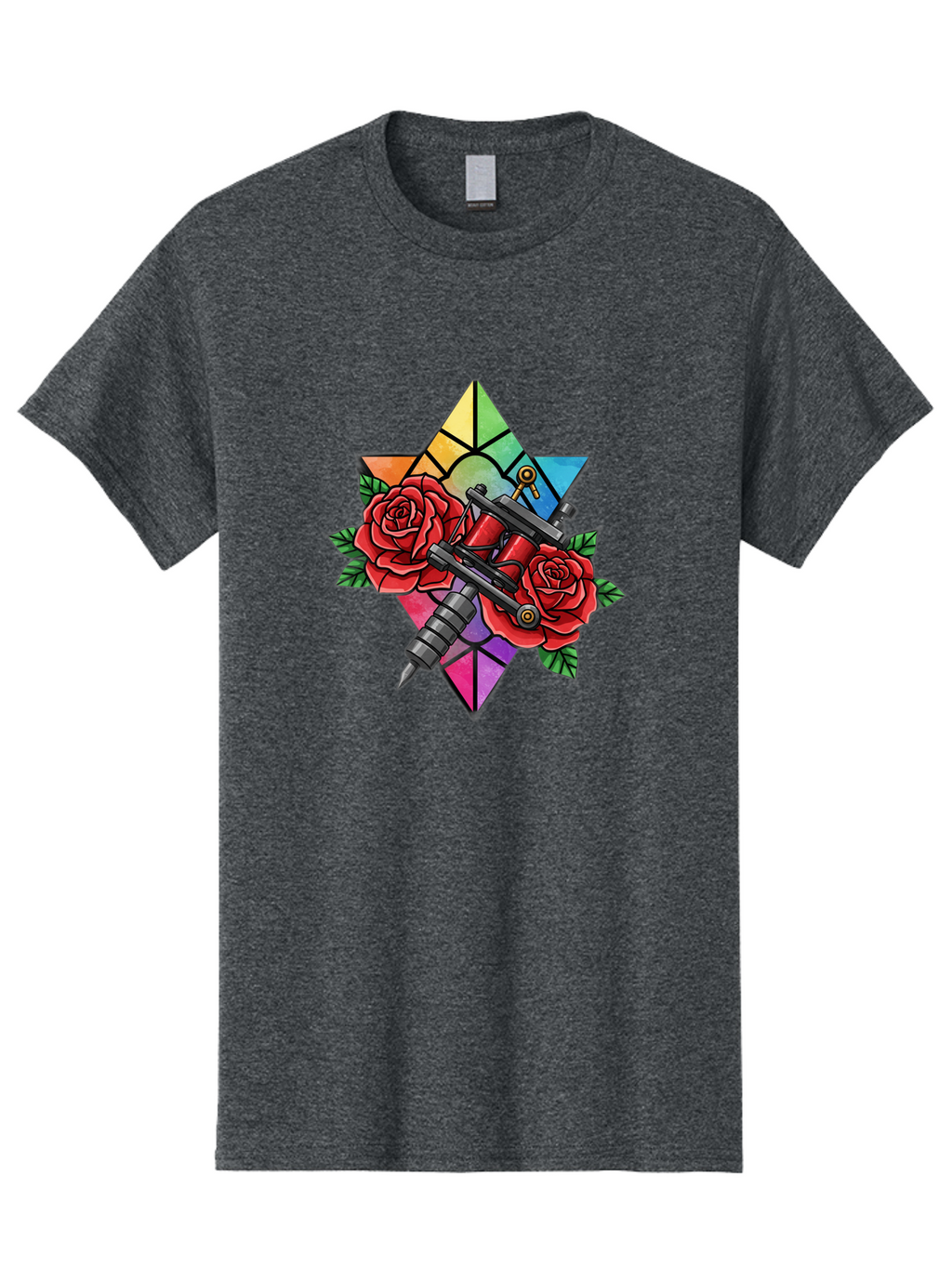 Tattoo-Machines-With-Roses Men'S Graphic Tee, 100% Cotton, Comfortable Casual Summer Wear, Machine Washable, Tattoo Machine, Red Roses, Floral Design, Stained Glass Star, Tattoo Art, Body Art, Tattoo Culture, Vibrant Colors, Tattoo Inspiration Bad813