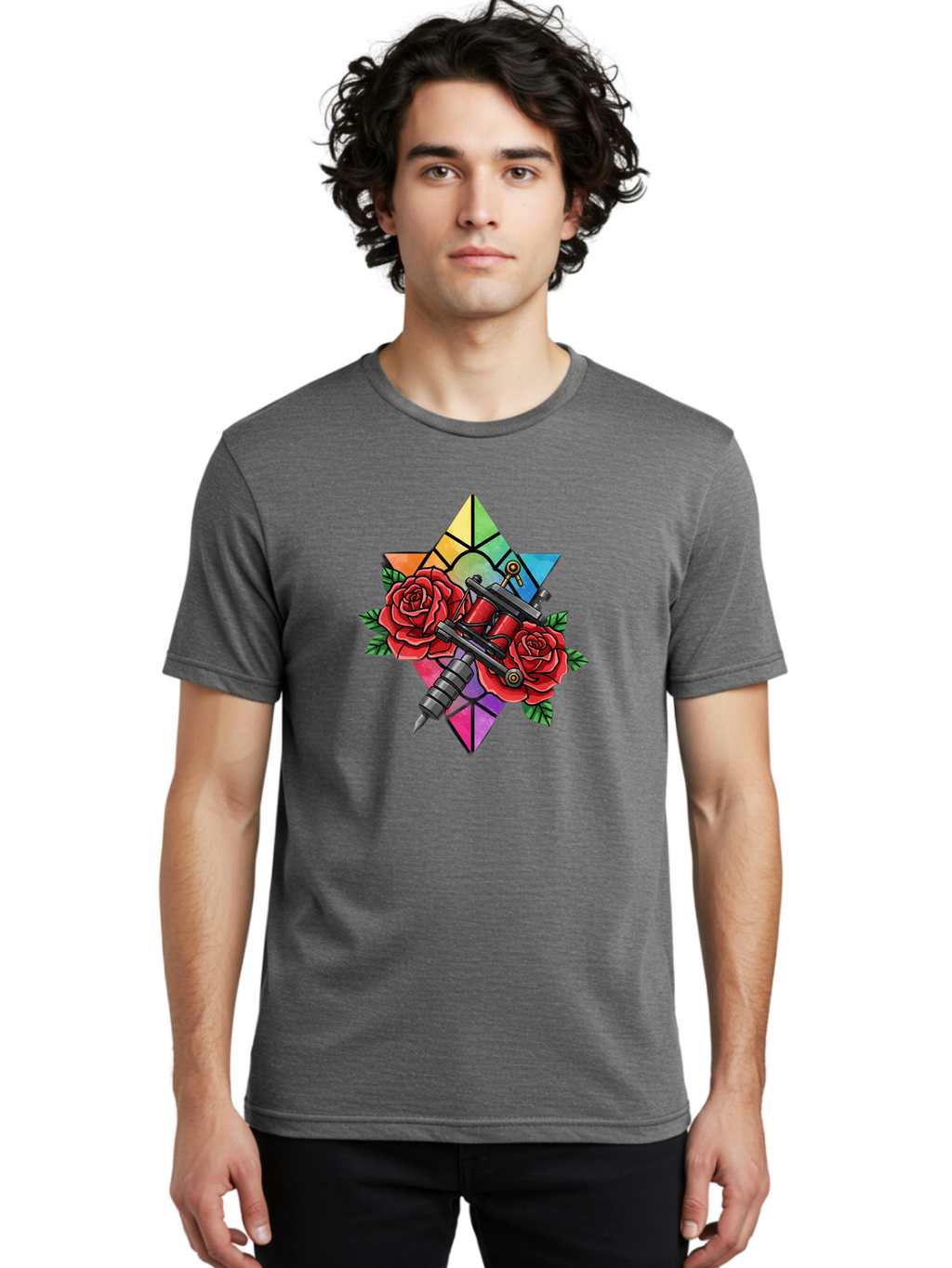 Tattoo-Machines-With-Roses Men'S Graphic Tee, 100% Cotton, Comfortable Casual Summer Wear, Machine Washable, Tattoo Machine, Red Roses, Floral Design, Stained Glass Star, Tattoo Art, Body Art, Tattoo Culture, Vibrant Colors, Tattoo Inspiration Bad813