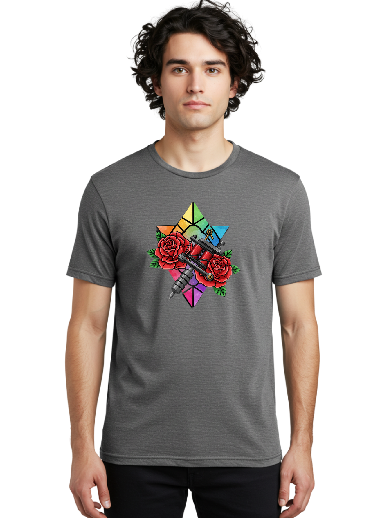 Tattoo-Machines-With-Roses Men'S Graphic Tee, 100% Cotton, Comfortable Casual Summer Wear, Machine Washable, Tattoo Machine, Red Roses, Floral Design, Stained Glass Star, Tattoo Art, Body Art, Tattoo Culture, Vibrant Colors, Tattoo Inspiration Bad813