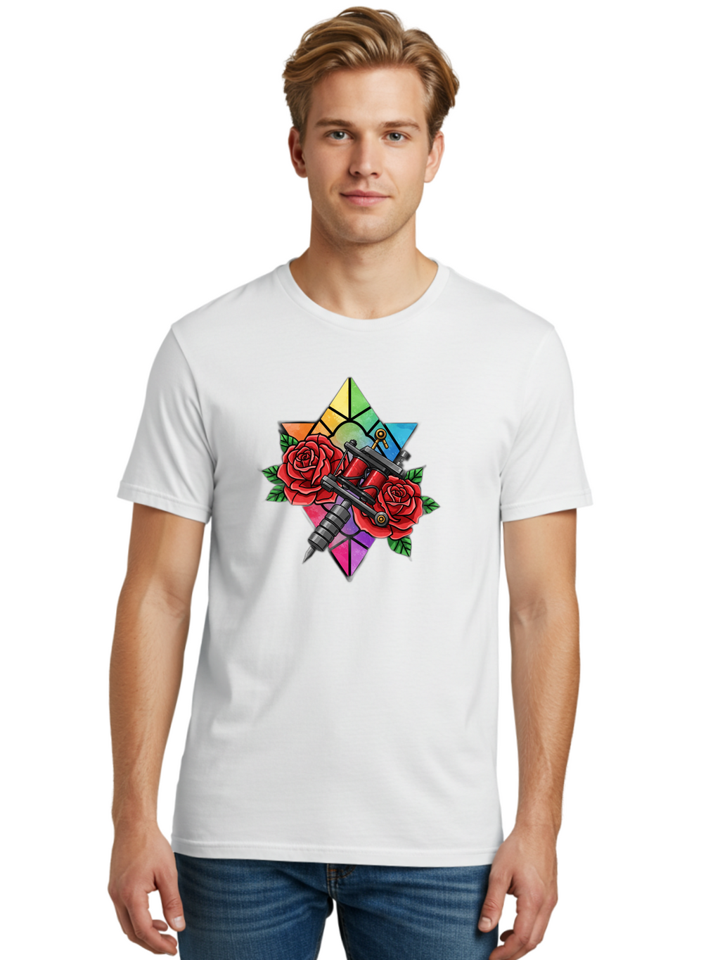 Tattoo-Machines-With-Roses Men'S Graphic Tee, 100% Cotton, Comfortable Casual Summer Wear, Machine Washable, Tattoo Machine, Red Roses, Floral Design, Stained Glass Star, Tattoo Art, Body Art, Tattoo Culture, Vibrant Colors, Tattoo Inspiration Bad813