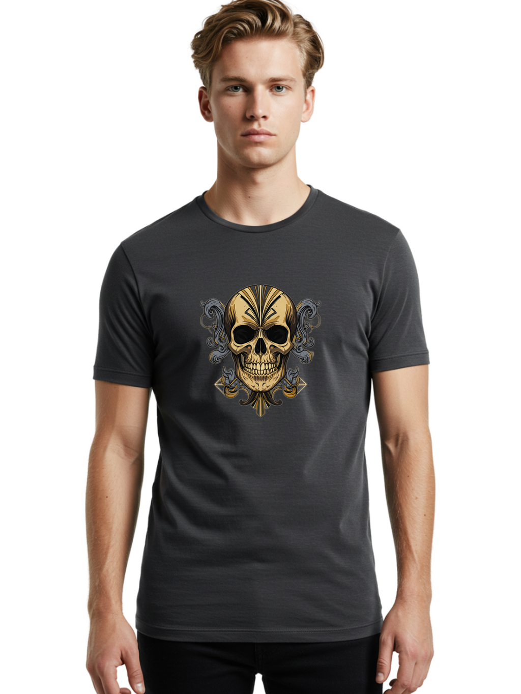 Tattoo-Skull Men'S Graphic Tee, 100% Cotton, Comfortable Casual Summer Wear, Machine Washable, Tribal Skull Art, Gold Skull, Black Tribal Patterns, Ornate Designs, Gothic Elements, Edgy Aesthetic, Skull Illustration, Day Of The Dead, Bad814