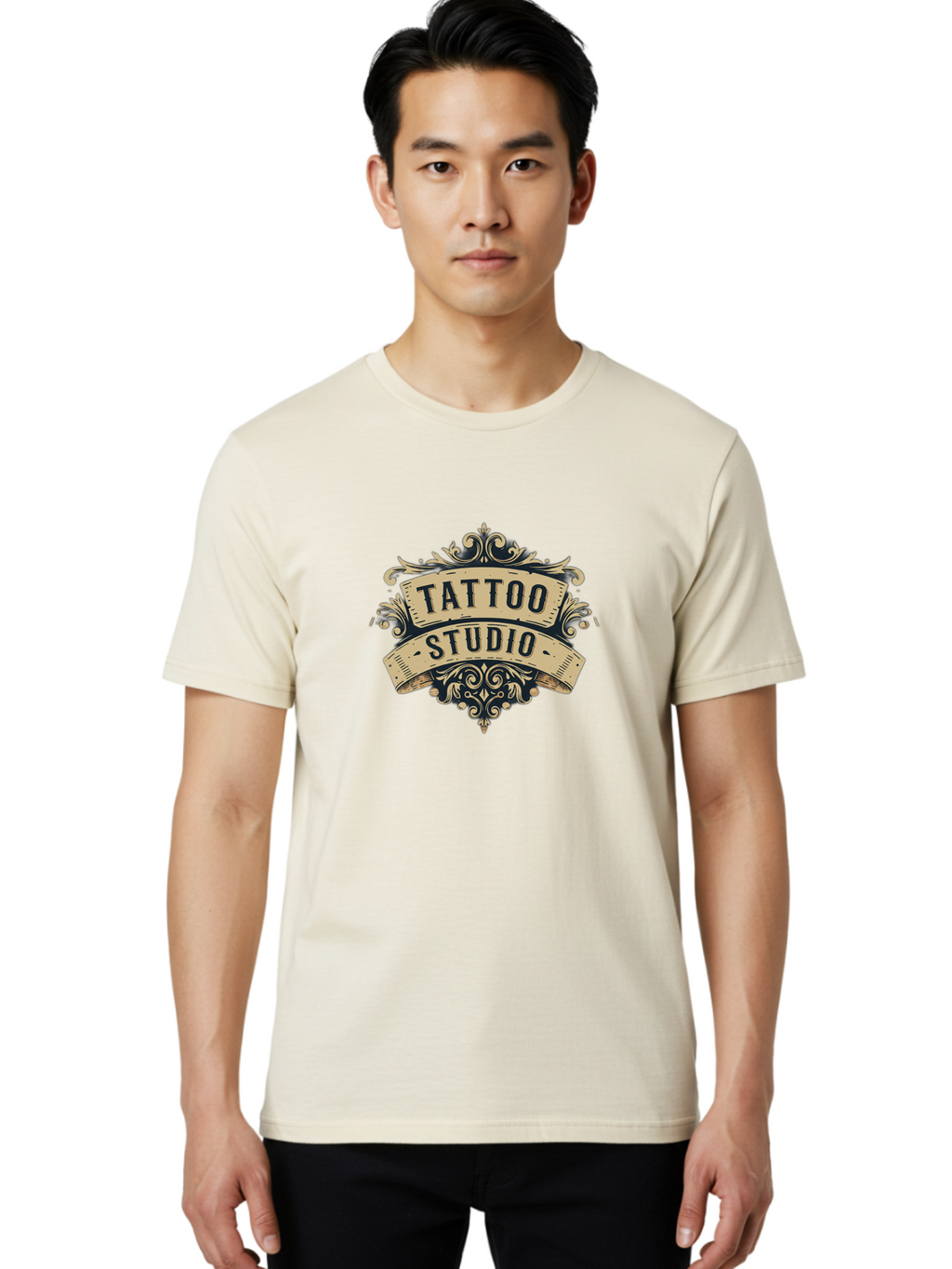 Tattoo-Studio-6 Men'S Graphic Tee, 100% Cotton, Comfortable Casual Summer Wear, Machine Washable, Tattoo Studio Logo, Vintage Design, Ornate Elements, Banner Style, Tattoo Art, Body Art, Tattoo Parlor, Decorative Flourish, Unique Typography, Bad820