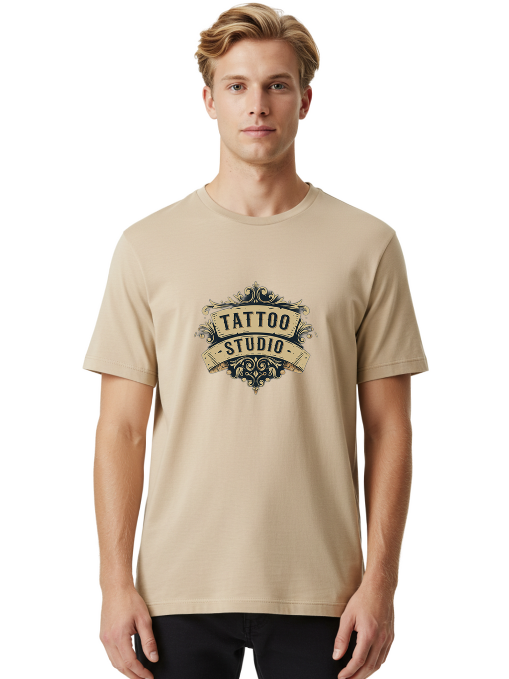 Tattoo-Studio-6 Men'S Graphic Tee, 100% Cotton, Comfortable Casual Summer Wear, Machine Washable, Tattoo Studio Logo, Vintage Design, Ornate Elements, Banner Style, Tattoo Art, Body Art, Tattoo Parlor, Decorative Flourish, Unique Typography, Bad820