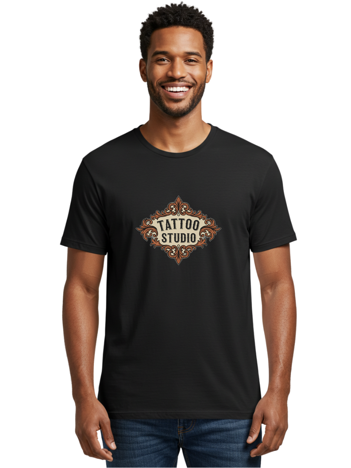 Tattoo-Studio Men'S Graphic Tee, 100% Cotton, Comfortable Casual Summer Wear, Machine Washable, Tattoo Studio, Vintage Design, Ornate Decor, Floral Patterns, Black Lettering, Traditional Tattoo Art, Classic Style Bad822