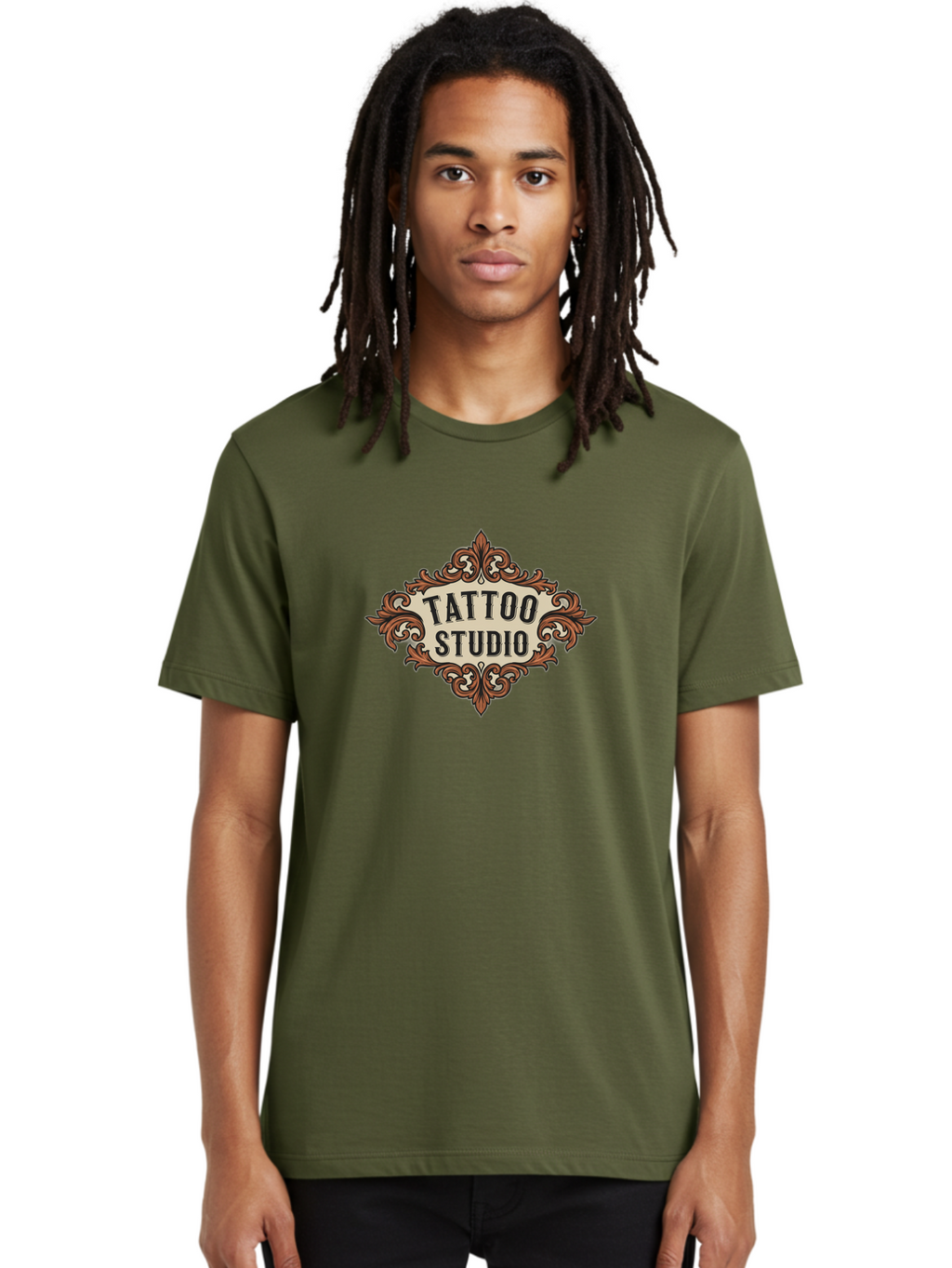 Tattoo-Studio Men'S Graphic Tee, 100% Cotton, Comfortable Casual Summer Wear, Machine Washable, Tattoo Studio, Vintage Design, Ornate Decor, Floral Patterns, Black Lettering, Traditional Tattoo Art, Classic Style Bad822