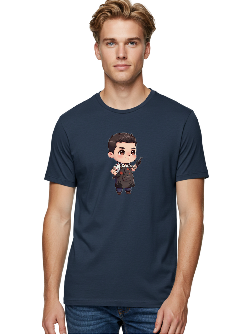 Tattooed-Barber-Boy Men'S Graphic Tee, 100% Cotton, Comfortable Casual Summer Wear, Machine Washable, Barber Character, Tattooed Arms, Cool Barber, Haircut Illustration, Stylish Hairdresser, Cartoon Barber, Trendy Tattoo Art, Grooming Expert Bad823