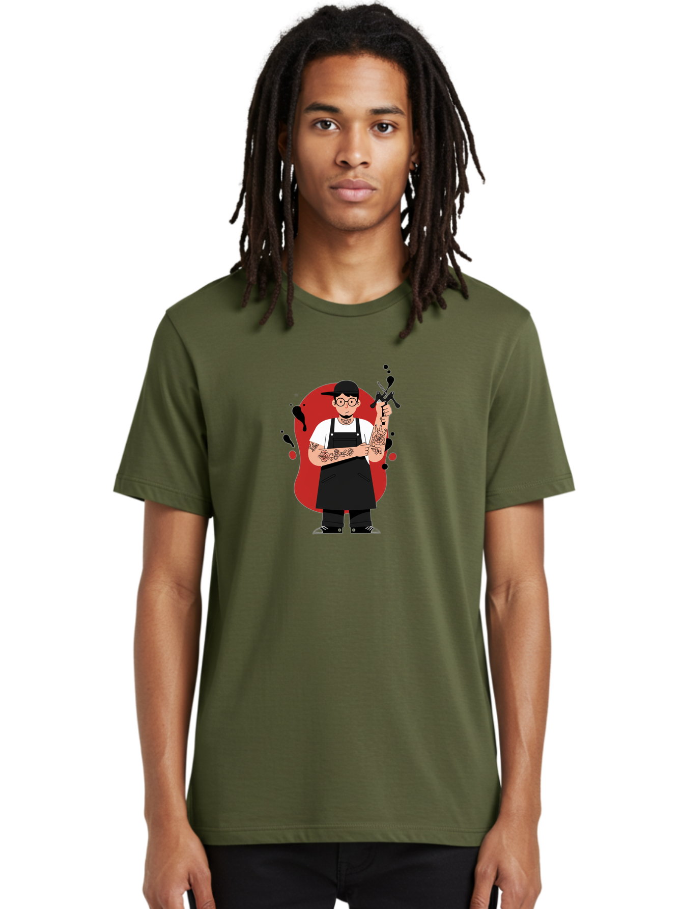 Tattooed-Barber Men'S Graphic Tee, 100% Cotton, Comfortable Casual Summer Wear, Machine Washable, Tattoo Artist At Work, Body Art, Creative Profession, Ink Splatters, Tattoo Machine, Artistic Expression, Tattoo Culture, Body Modification Bad824