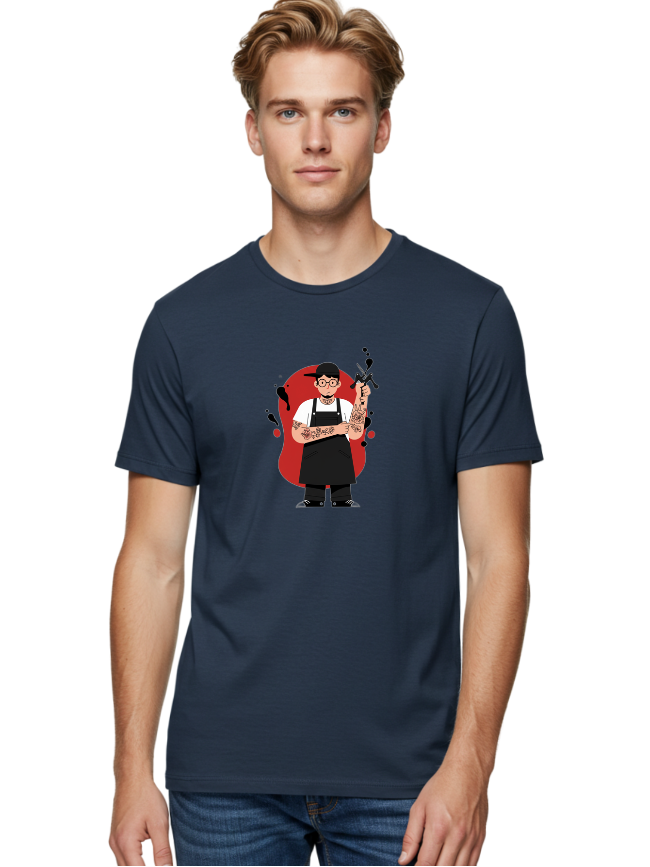 Tattooed-Barber Men'S Graphic Tee, 100% Cotton, Comfortable Casual Summer Wear, Machine Washable, Tattoo Artist At Work, Body Art, Creative Profession, Ink Splatters, Tattoo Machine, Artistic Expression, Tattoo Culture, Body Modification Bad824