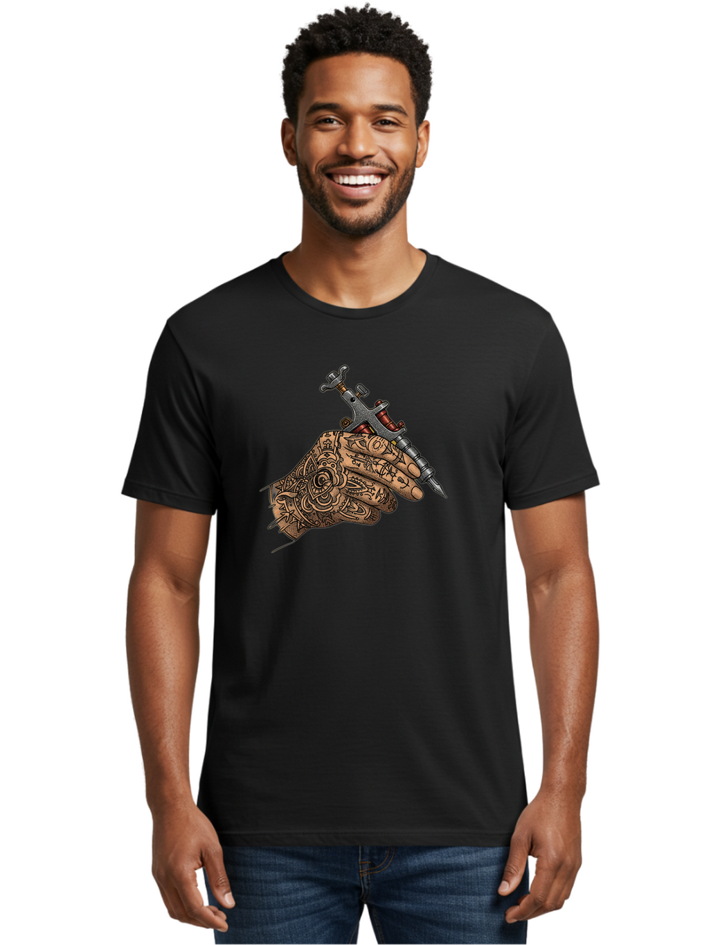 Tattooed-Hand-Holding-Tattoo-Machine-1 Men'S Graphic Tee, 100% Cotton, Comfortable Casual Summer Wear, Machine Washable, Tattoo Machine, Tattooed Hand, Intricate Designs, Body Art, Tattoo Culture, Artistry, Creativity, Self-Expression, Bad825
