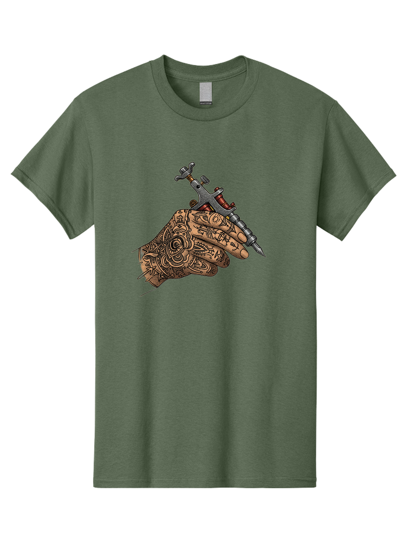 Tattooed-Hand-Holding-Tattoo-Machine-1 Men'S Graphic Tee, 100% Cotton, Comfortable Casual Summer Wear, Machine Washable, Tattoo Machine, Tattooed Hand, Intricate Designs, Body Art, Tattoo Culture, Artistry, Creativity, Self-Expression, Bad825