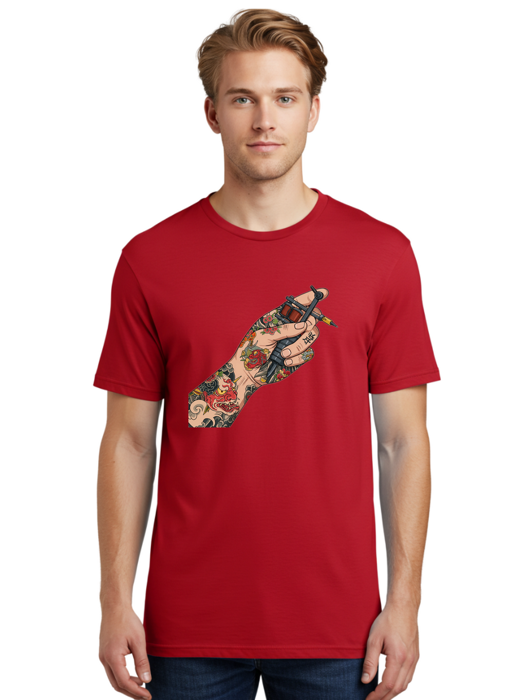 Tattooed-Hand Men'S Graphic Tee, 100% Cotton, Comfortable Casual Summer Wear, Machine Washable, Tattooed Hand, Tattoo Machine, Body Art, Ink, Tattoo Artist, Artful Expression, Vibrant Tattoos, Dragon Design, Traditional Japanese Tattoo, Bad828