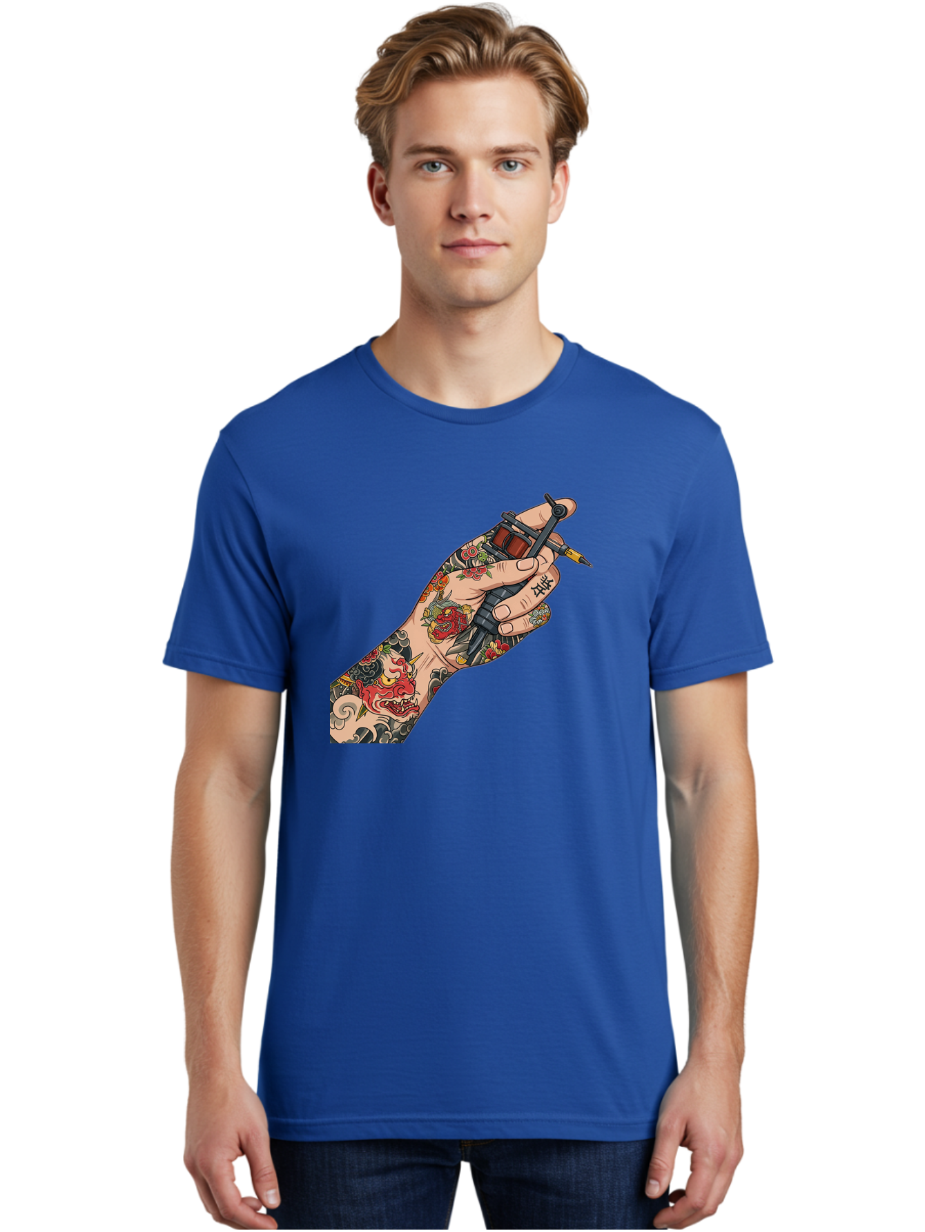 Tattooed-Hand Men'S Graphic Tee, 100% Cotton, Comfortable Casual Summer Wear, Machine Washable, Tattooed Hand, Tattoo Machine, Body Art, Ink, Tattoo Artist, Artful Expression, Vibrant Tattoos, Dragon Design, Traditional Japanese Tattoo, Bad828