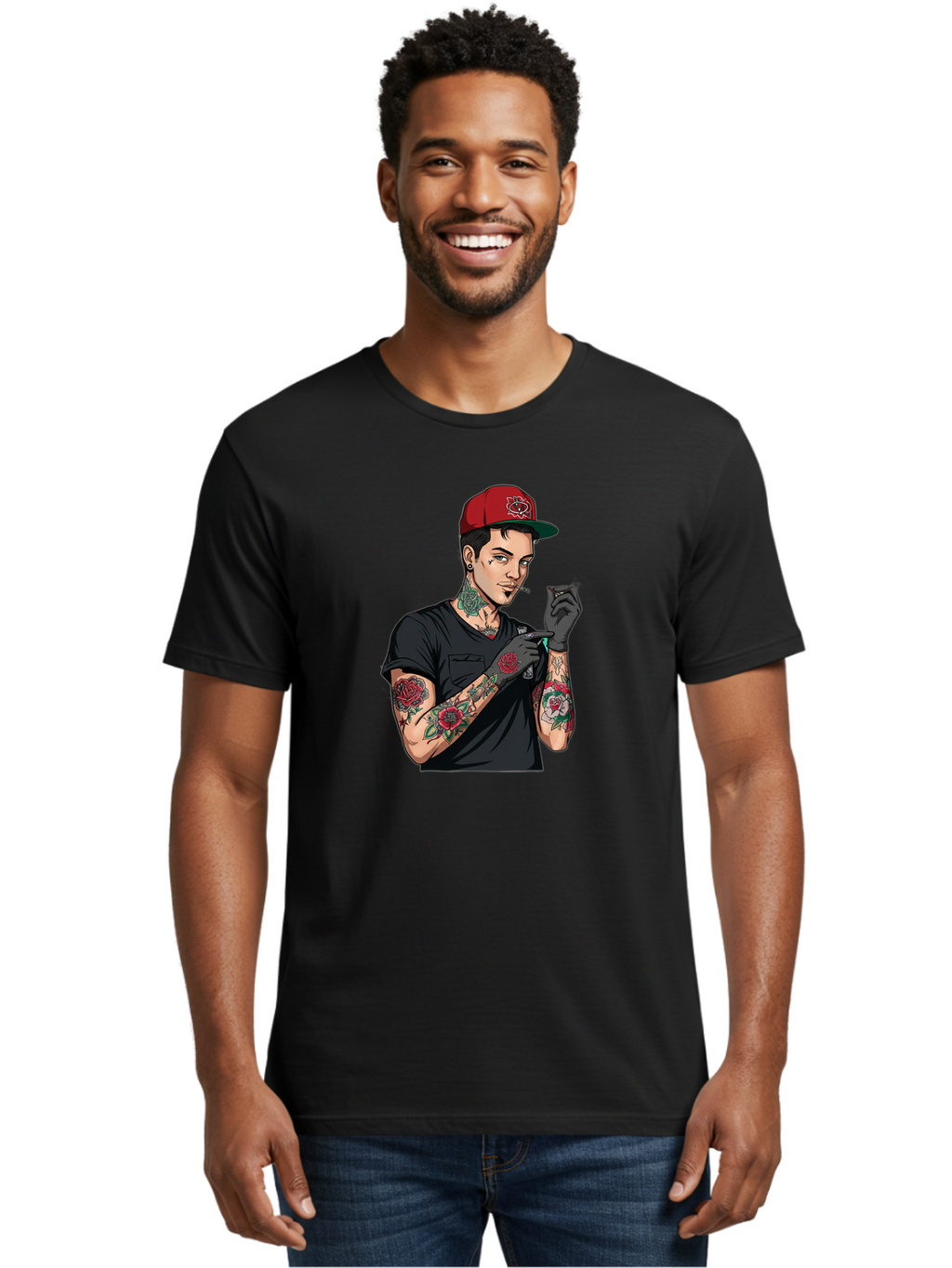 Tattooed-Man-1 Men'S Graphic Tee, 100% Cotton, Comfortable Casual Summer Wear, Machine Washable, Tattooed Man, Rose Tattoos, Red Baseball Cap, Black Gloves, Smoking Cigarette, Cartoon Style, Edgy Fashion, Bold Graphics, Streetwear, Modern Art Bad829