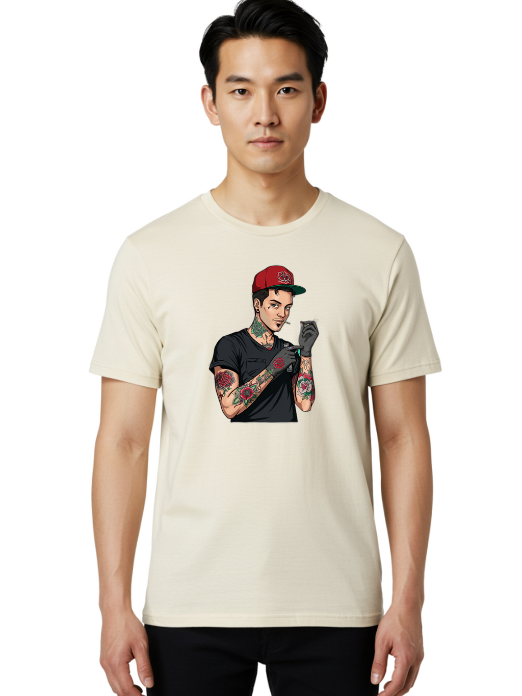 Tattooed-Man-1 Men'S Graphic Tee, 100% Cotton, Comfortable Casual Summer Wear, Machine Washable, Tattooed Man, Rose Tattoos, Red Baseball Cap, Black Gloves, Smoking Cigarette, Cartoon Style, Edgy Fashion, Bold Graphics, Streetwear, Modern Art Bad829