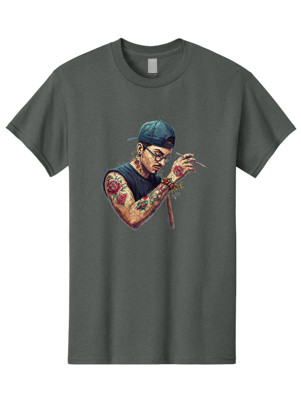 Tattooed-Man-2 Men'S Graphic Tee, 100% Cotton, Comfortable Casual Summer Wear, Machine Washable, Tattooed Man, Smoking Cigarette, Rose Tattoos, Geometric Art, Edgy Style, Urban Culture, Streetwear Inspiration, Cool Guy Bad830